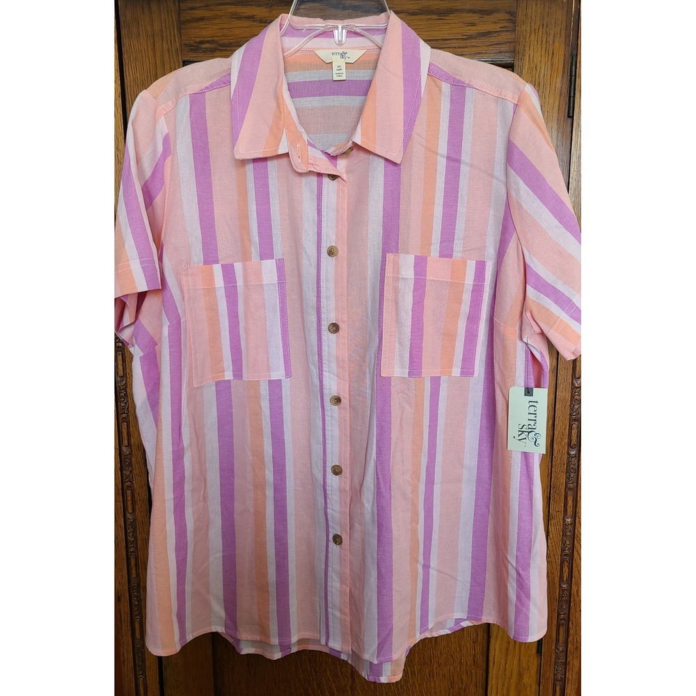 Terra & Sky Womens 0X 14W Pink Orange Striped Button Front Camp Shirt New